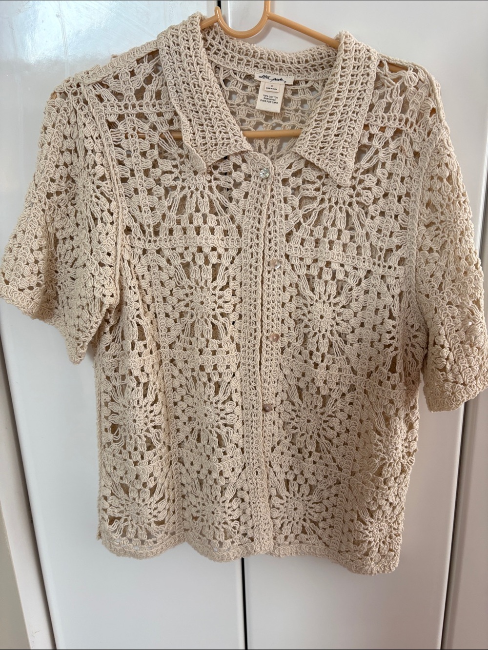Ultra Pink Crochet Button-Front Short Sleeve Knit Top in Beige